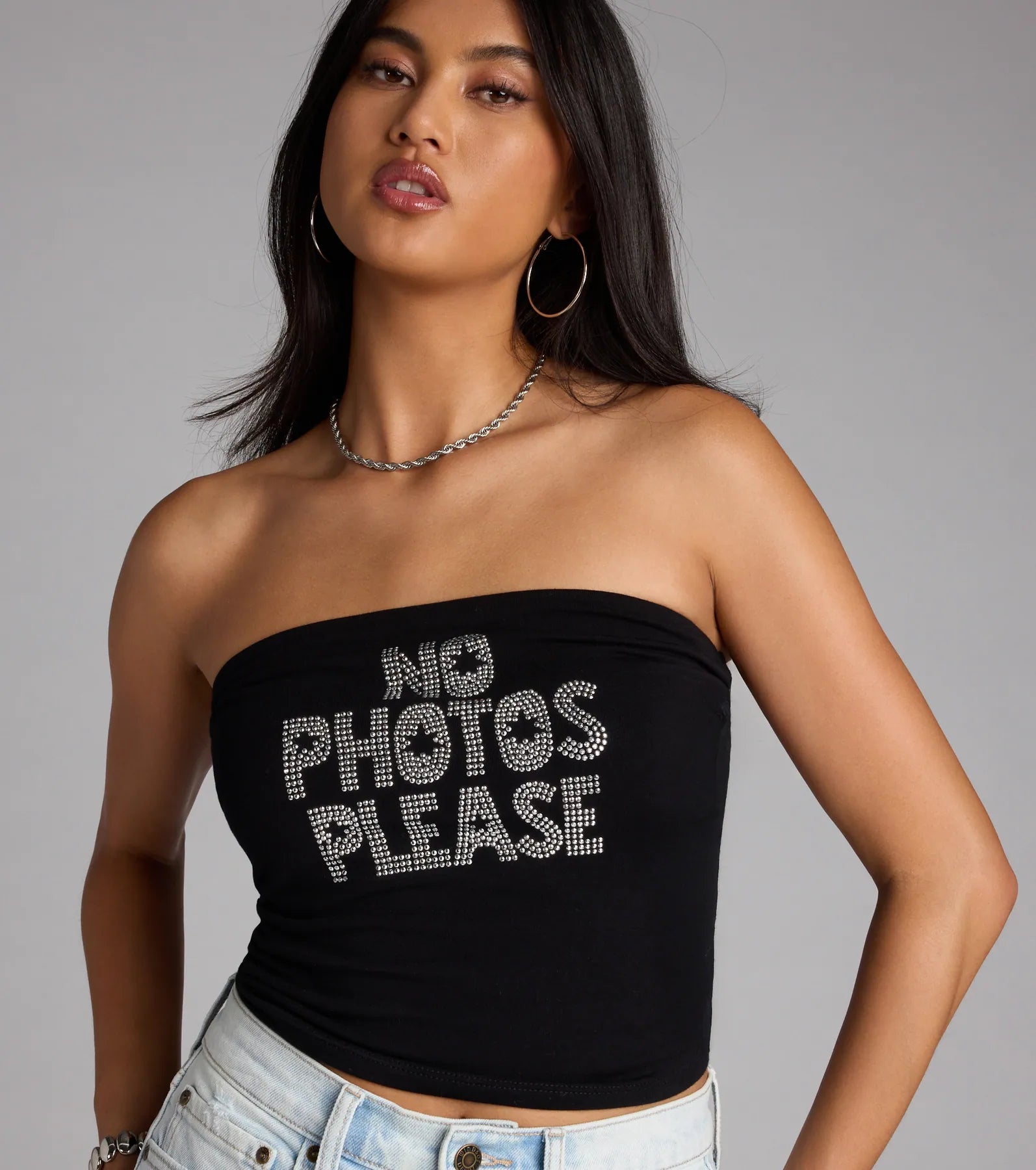 Rhinestone No Photos Please Tube Top - Image 2