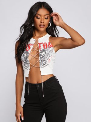 Rock N'Glam Rhinestone Lace-Up Crop Top