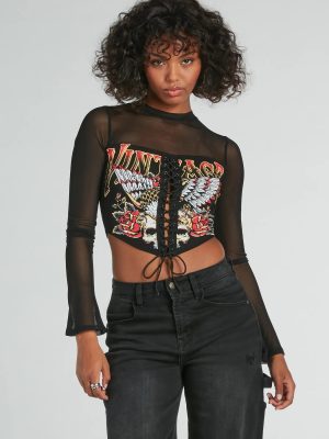 Vintage Lace-Up Mesh Graphic Crop Top