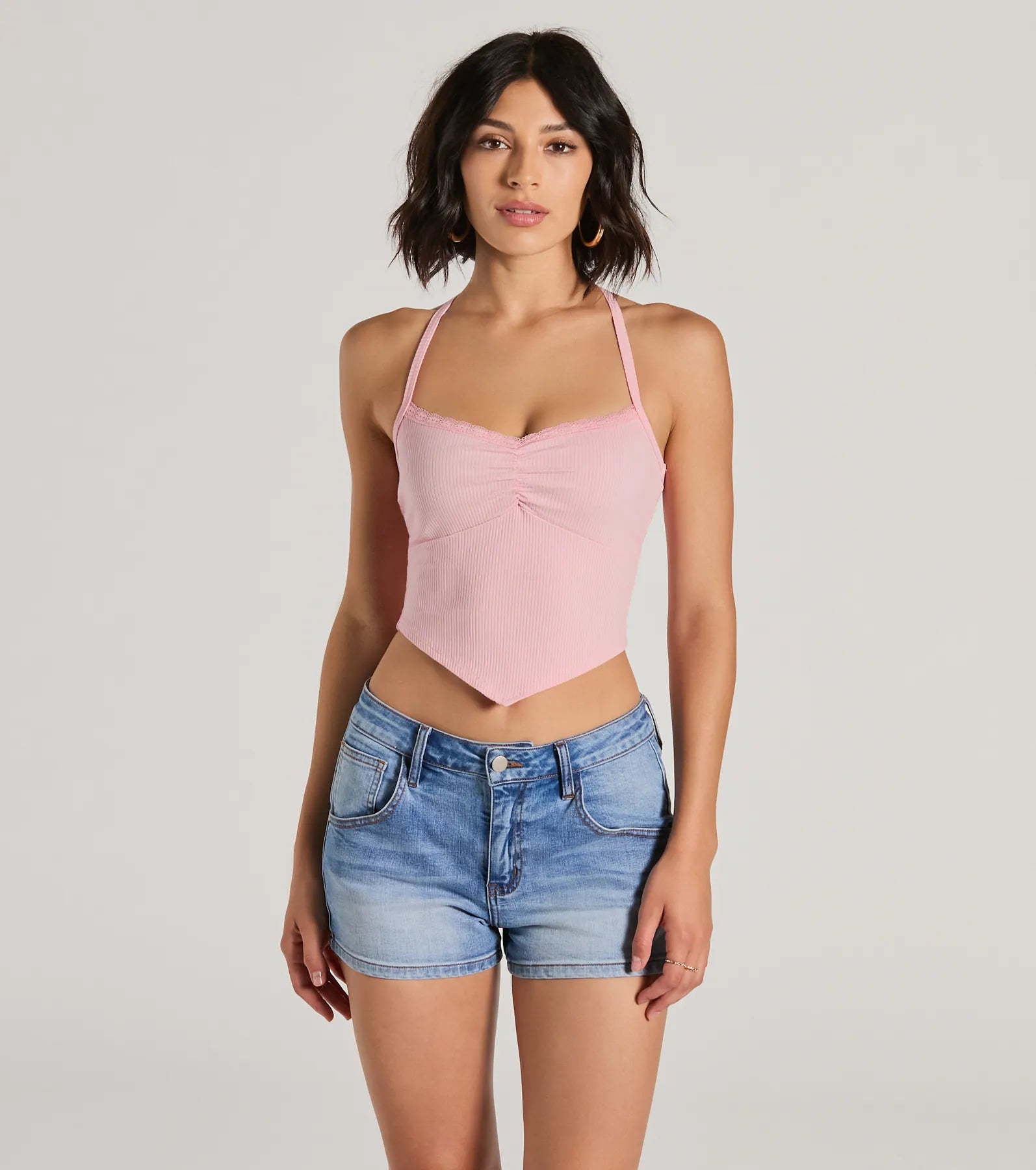 All Day Darling Halter V-Neck Lace Trim Crop Top - Image 5