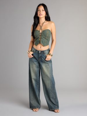 Lace Me Up Strapless Denim Halter Top