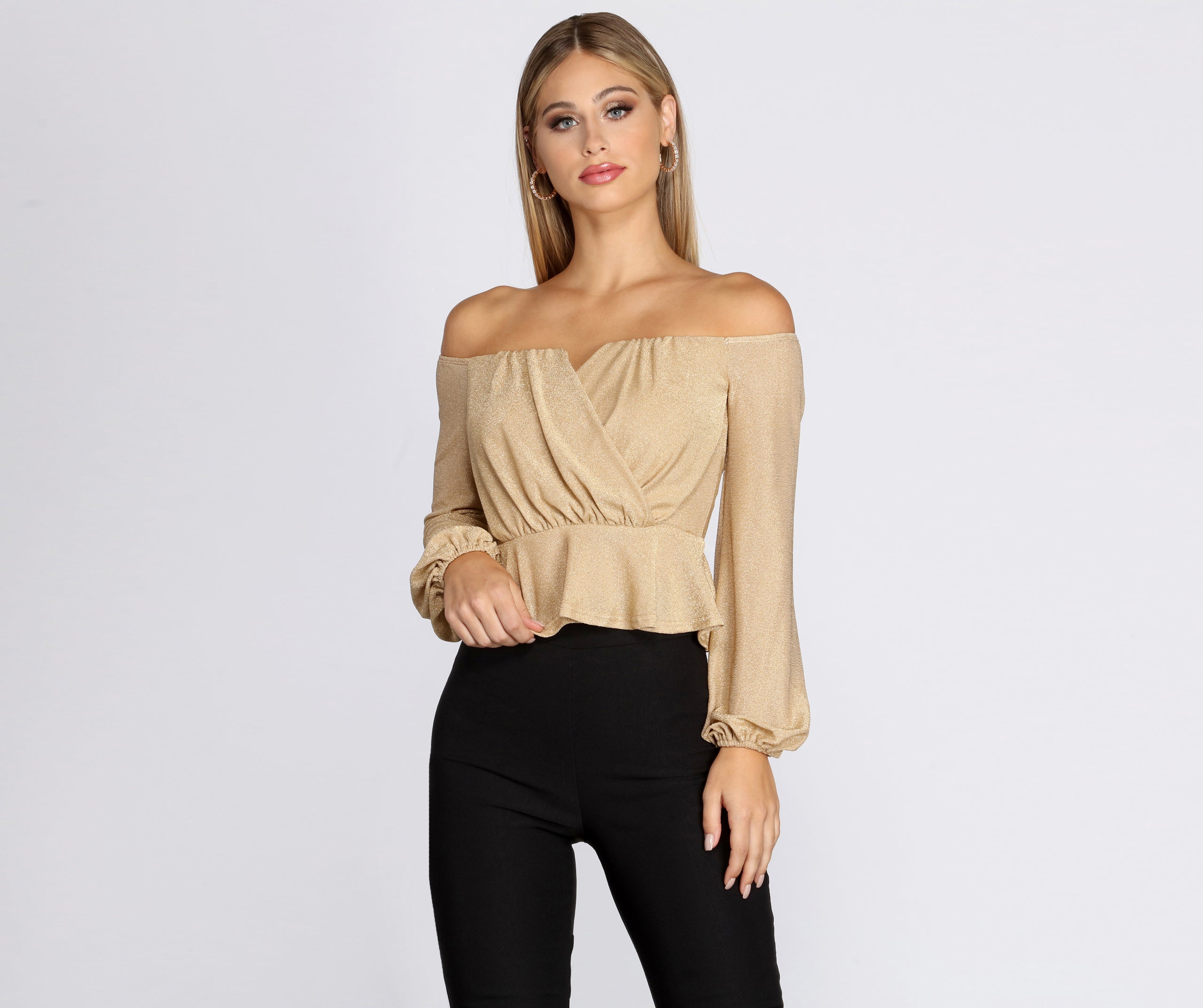 Glitzy Wrap Front Peplum Blouse - Image 5