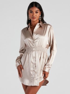 Fall Nights Satin Button-Up Short Dress