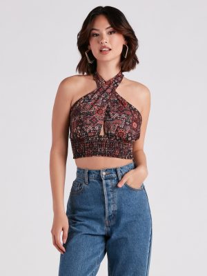 Sultry Boho Print Halter Crop Top