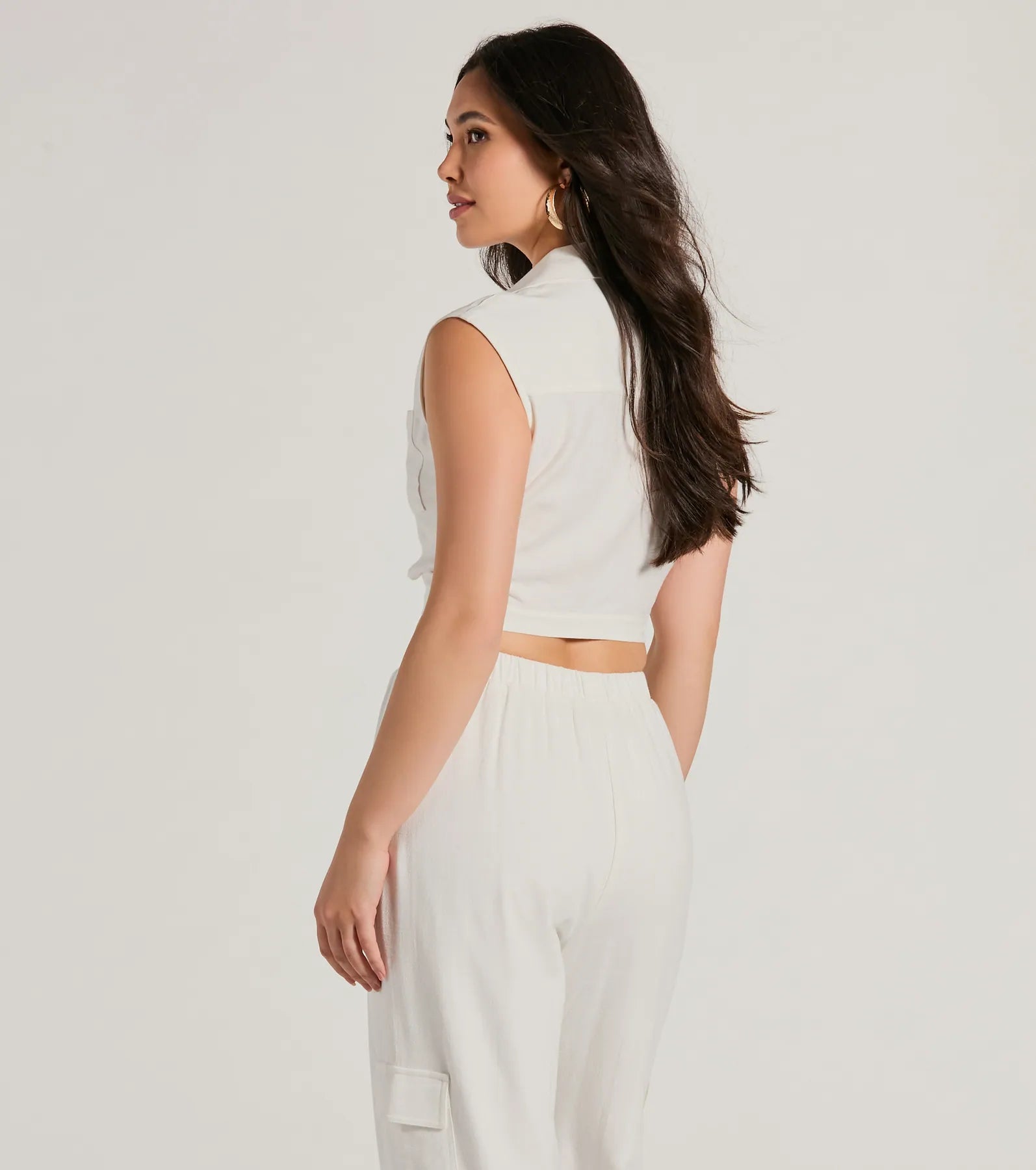 Breezy Mood Collared Linen Crop Top - Image 2