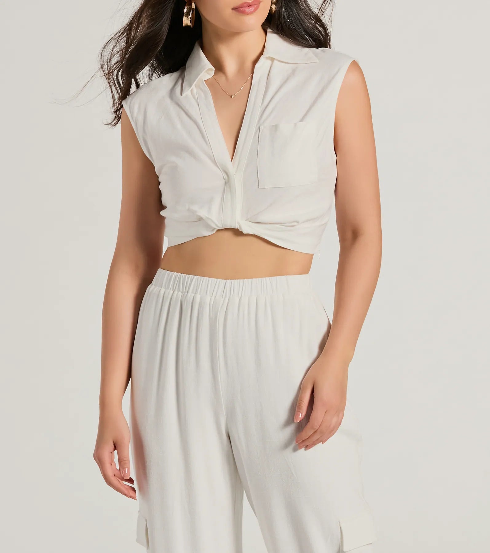 Breezy Mood Collared Linen Crop Top - Image 3