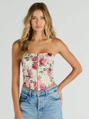 Time To Bloom Satin Floral Lace-Up Corset Top