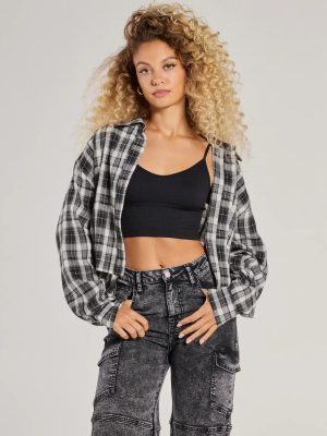 Casual Style Button-Down Plaid Flannel Top