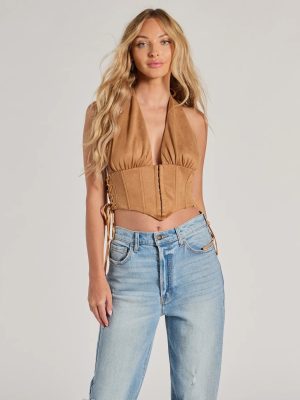 Chic Vibes Faux Suede Halter Cropped Corset Top