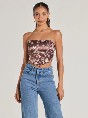 Chic Sheen Floral Satin Strapless Corset Top