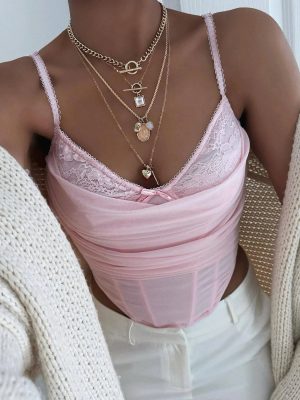 Sultry Night-Out Lace Trim Mesh Bustier Top