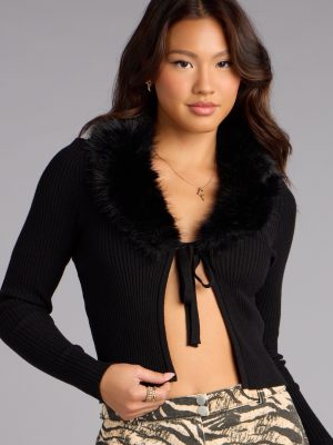 So Chic Removable Faux Fur Tie-Front Cardigan