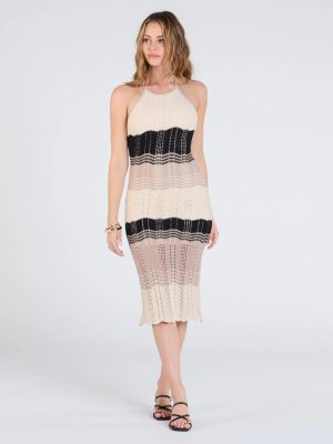 Retro Vision Halter Striped Crochet Midi Dress