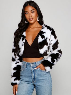 Faux Fur Cropped Cow Print Jacket