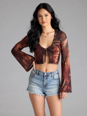 Getaway Vibe Tropical Print Tie-Front Top