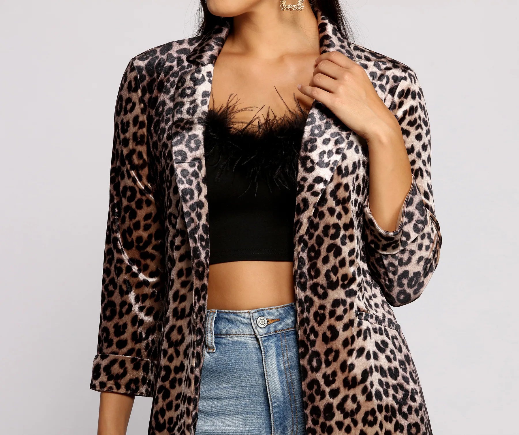 Velvet Leopard Print Long Line Blazer - Image 3