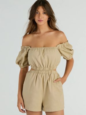 Day Time Adventure Puff Sleeve Cutout Linen Romper