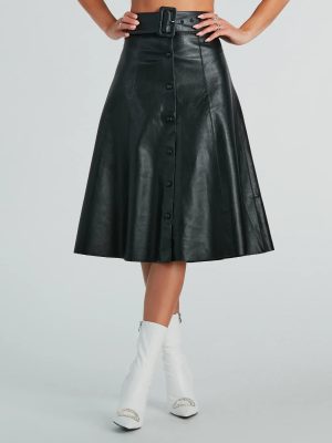 On The Go Girl Faux Leather A-Line Midi Skirt