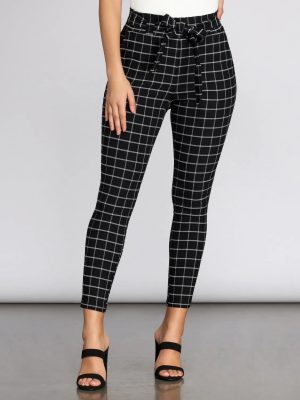 Plaid Paper Bag Tie Waist Skinny Pants