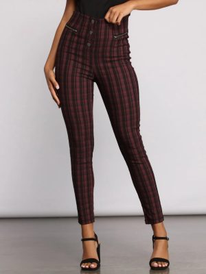 High Waist Snap Front Plaid Skinny Pants