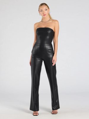 On The Low Strapless Wide-Leg Faux Leather Jumpsuit