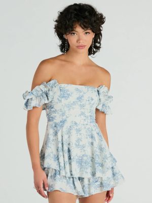 Pretty Girl Ruffled Off-The-Shoulder Scenic Print Romper