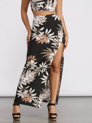 Tropical Palm Leaf High Slit Maxi Skirt
