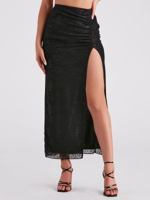 Glamorous Allure Ruched Lace Maxi Skirt