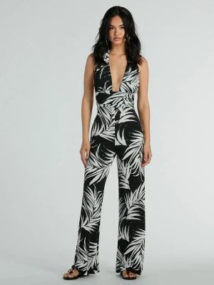 Majorly Tropical Plunge Halter Wide-Leg Jumpsuit