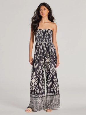 Trendy Ease Strapless Boho Print Wide-Leg Jumpsuit