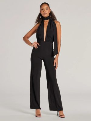 Chic Position Plunge Scarf Straight-Leg Jumpsuit