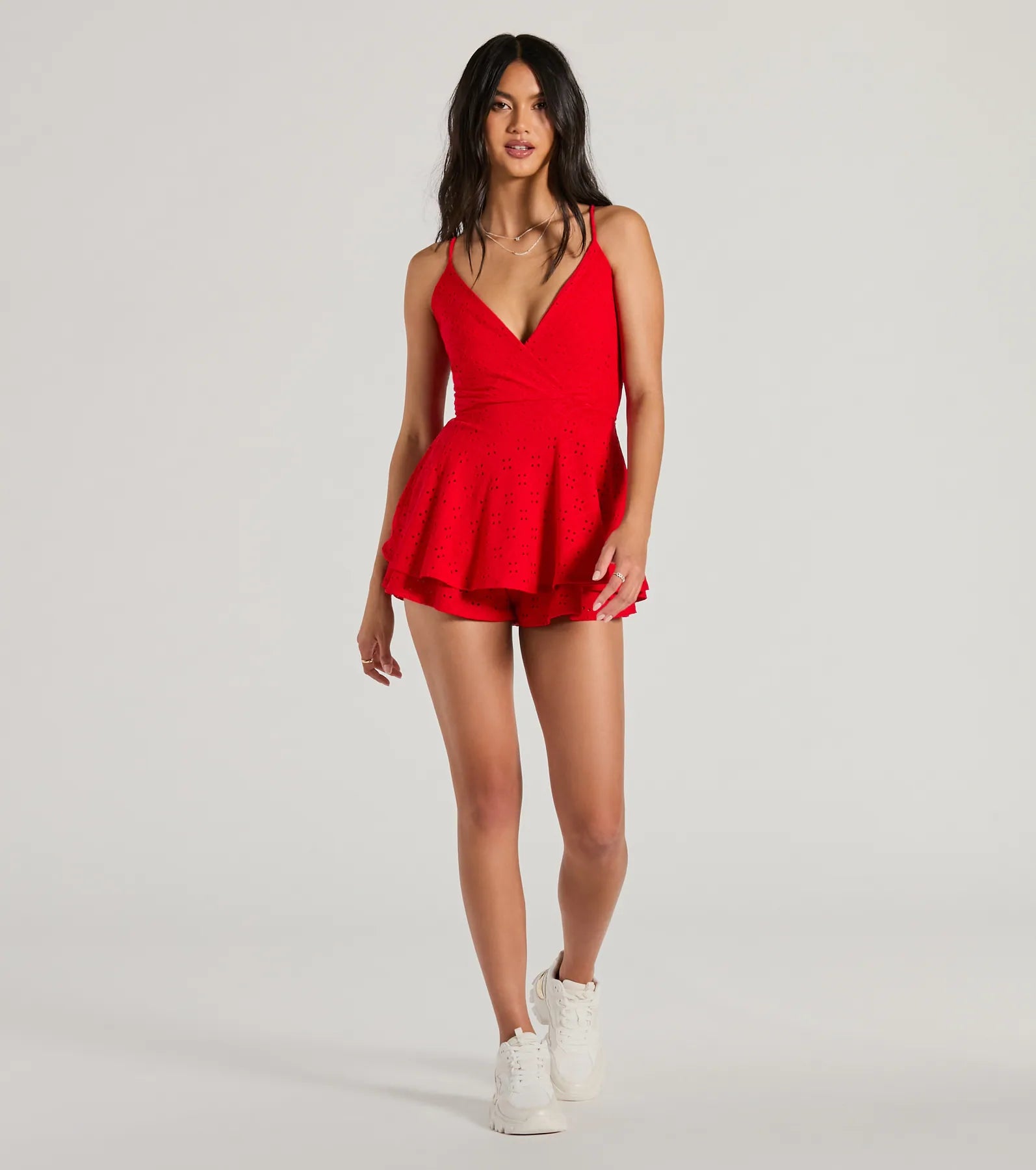 Adoring Style V-Neck Tie Eyelet Skater Romper - Image 4