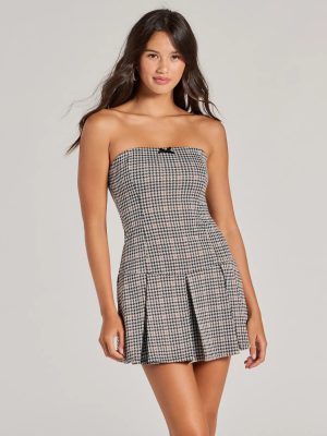 Sweet Perception Strapless Plaid Pleated Romper