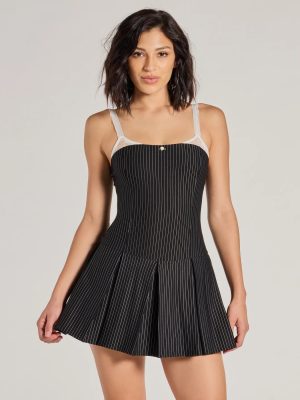 Chicest Look Pinstripe Pleated Drop Waist Romper