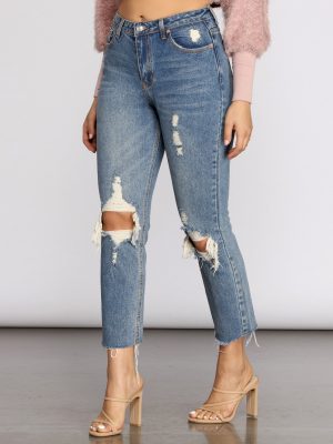 High Waist Distressed Denim Pants