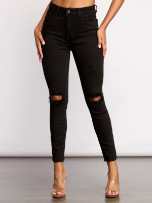High Rise Knee Slit Skinny Jeans