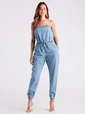 Fit Check Strapless Denim Jogger Jumpsuit