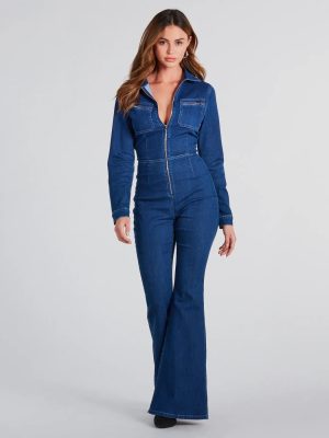 You've Got Flare Long Sleeve Denim Jumpsuit