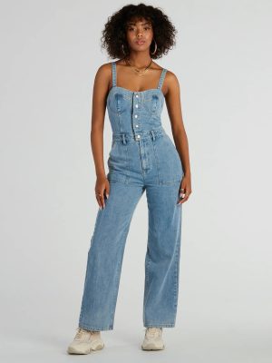 Trendy Perfection Button Up Wide Leg Denim Jumpsuit