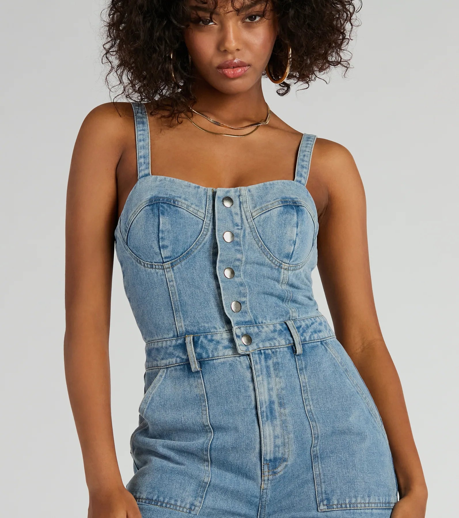 Trendy Perfection Button Up Wide Leg Denim Jumpsuit - Image 3