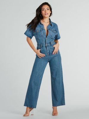One And Done Short Sleeve Wide-Leg Denim Jumpsuit