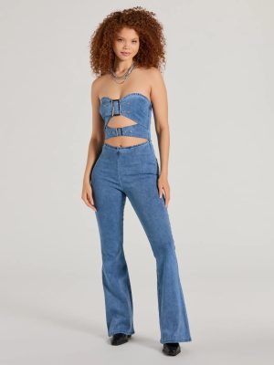 Double The Style Buckle Cutout Flare Denim Jumpsuit