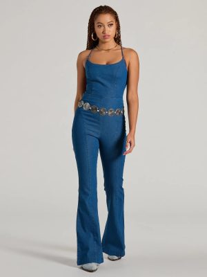 Casual And Cool Lace-Up Flare Denim Jumpsuit
