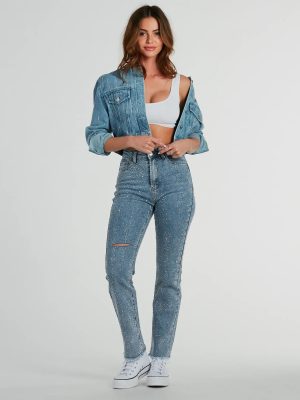 Glam Girlie Rhinestone High Waist Straight-Leg Jeans