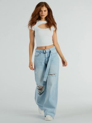 Cool Vibes High-Rise Belted Destructed Wide-Leg Jeans
