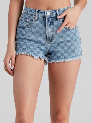 In Check High Rise Denim Mom Shorts