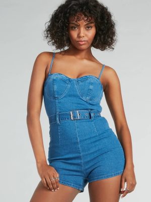 Little Miss Perfect Sweetheart Belted Denim Romper