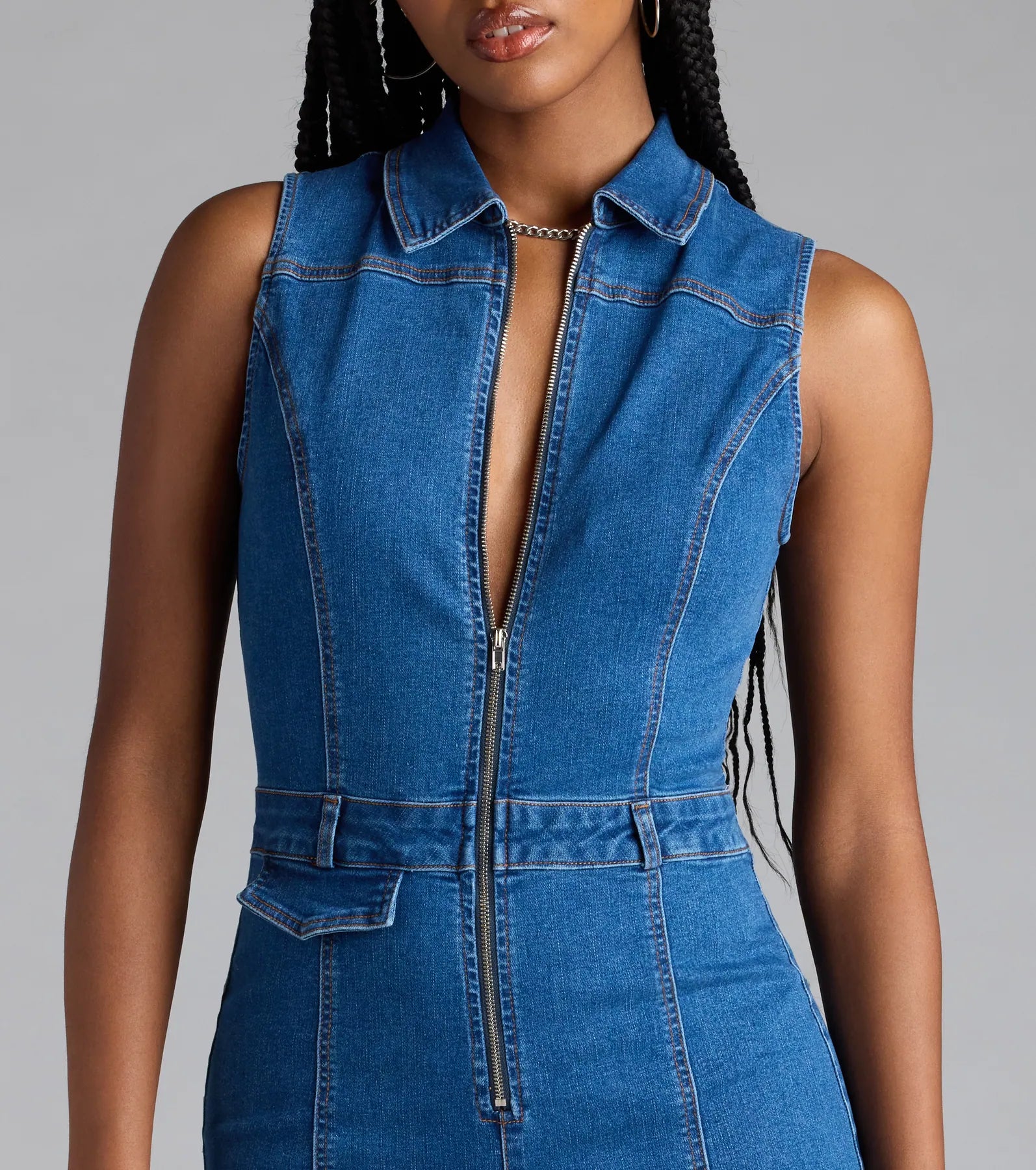 Trendy Fab Zip-Front Denim Romper - Image 4