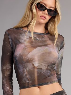 After Dark Abstract Print Mesh Crop Top