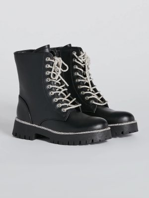 Glam Rockstar Rhinestone Lace-Up Combat Boots
